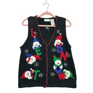 White Stag Vest Womens M Vtg 90s Christmas Let It Snow Snowman Embroidery